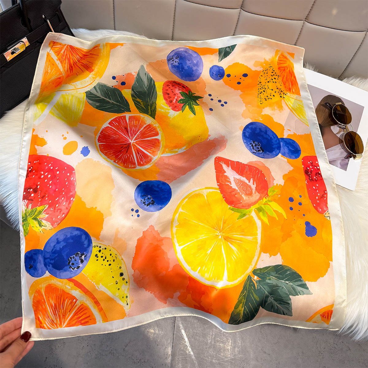 Scarf Silk Square - Fashion Lemon Fruit Pattern Square Silk