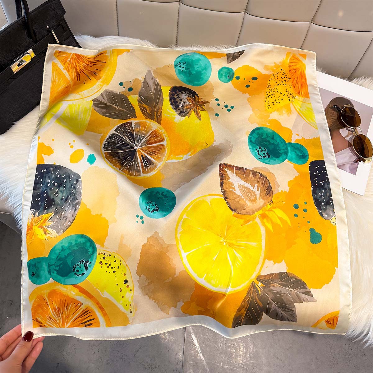 Fashion Lemon Fruit Pattern Sq - Scarf Silk Square 评论和价格